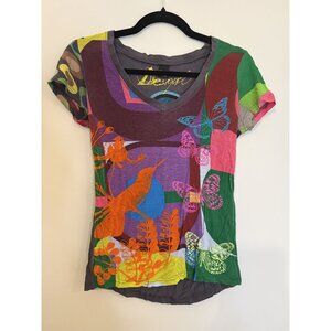 Desigual Multicolor Graphic V-Neck Butterfly Short Sleeve Tee Shirt Size S [jb]